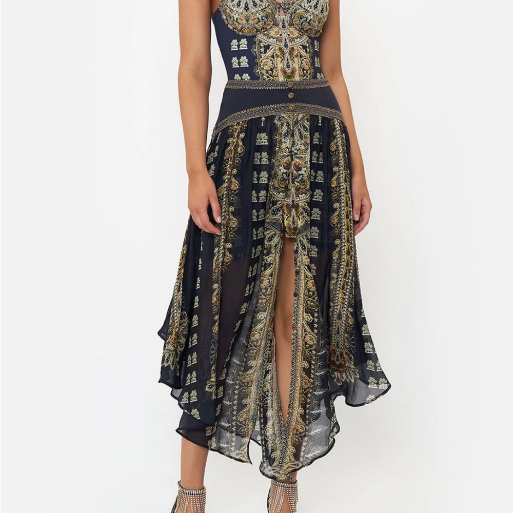 Camilla Navy and Gold Midi Skirt